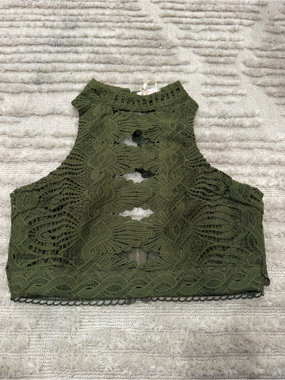 Luxxel Olive Green Crochet High-Neck Crop Top